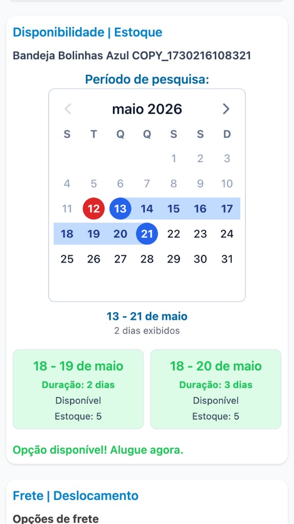 Tela mobile mostrando disponibilidade por período para locação