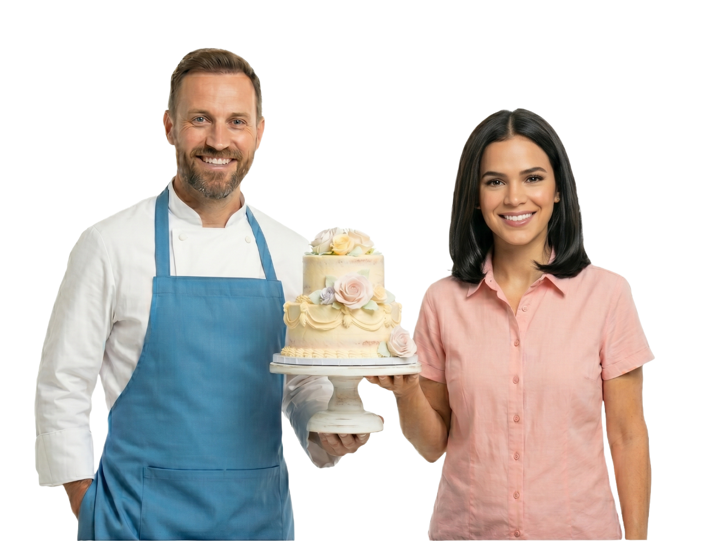 Fornecedores de eventos segurando um bolo de festa