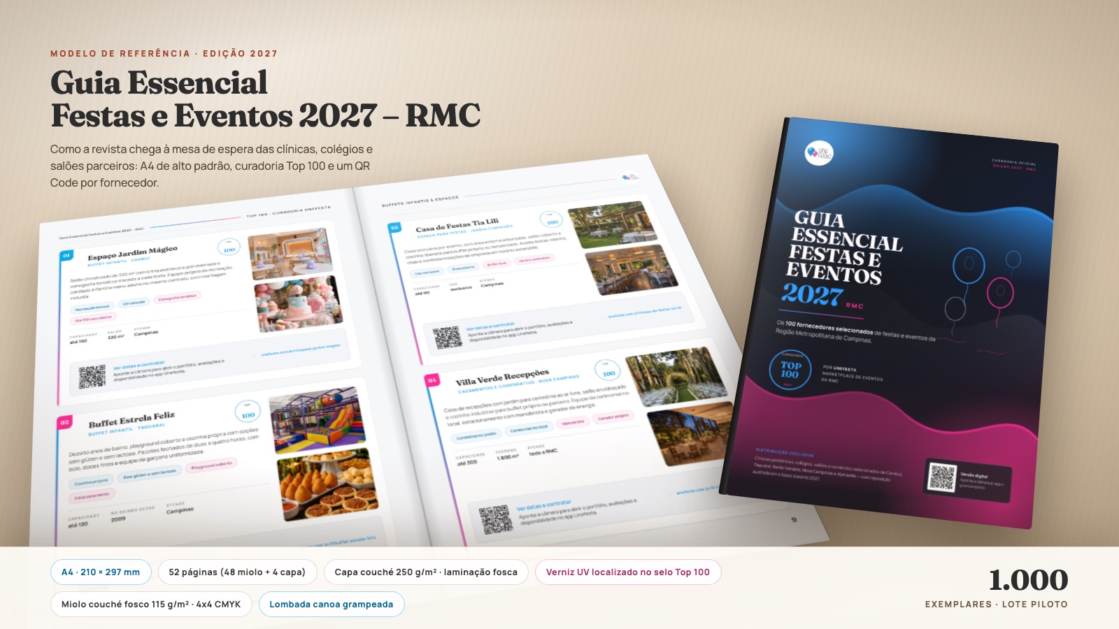 Capa e páginas internas do Guia Essencial Festas e Eventos 2027 – RMC